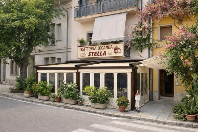 The current facade of Trattoria Locanda Stella on Via Roma in Monti, a family-run Sardinian restaurant 20 minutes from Olbia, ph Current 2026 facade of Trattoria Locanda Stella on Via Roma in Monti, Sardinia, a family-run traditional Sardinian restaurant.